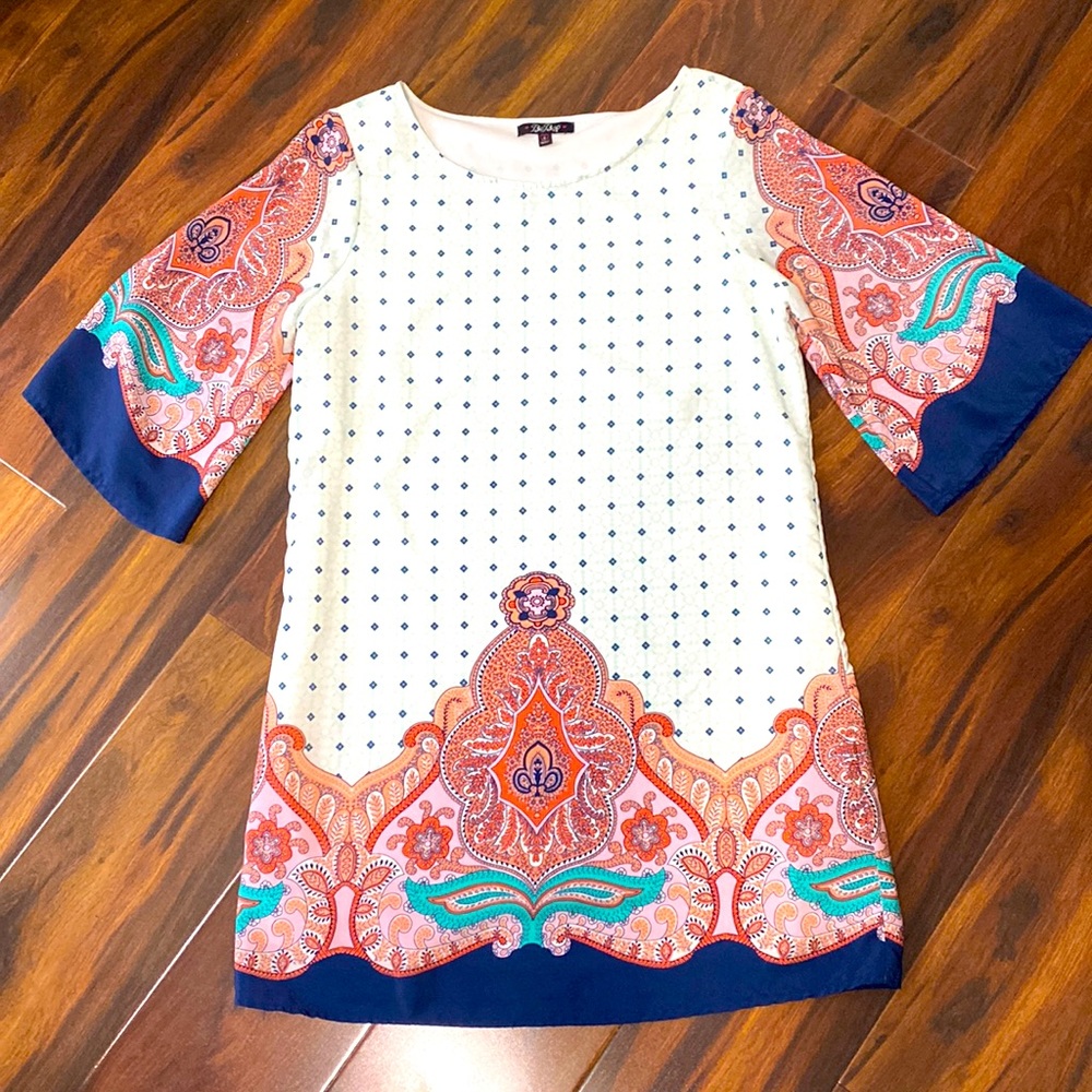 Paisley shift dress with bell sleeves